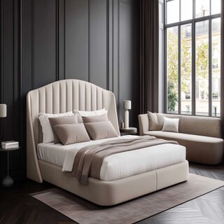 Modern Master Bedroom Design with Queen Bed, Sofa, and Curved Wall Panel